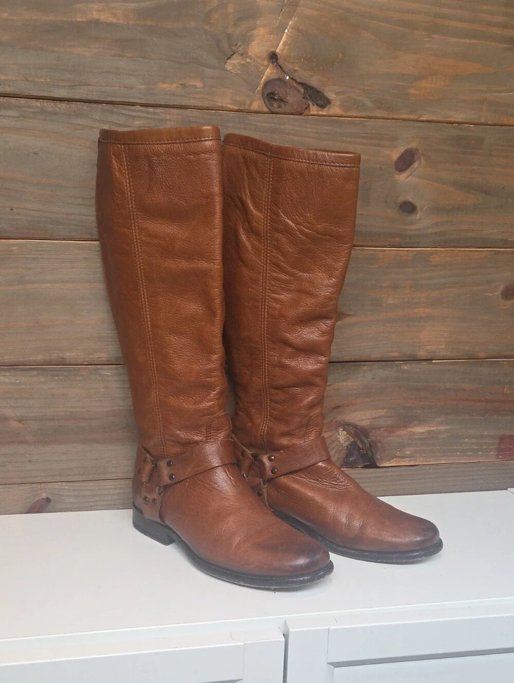 Frye Phillip Harness Tall Cognac Brown Leather Boots